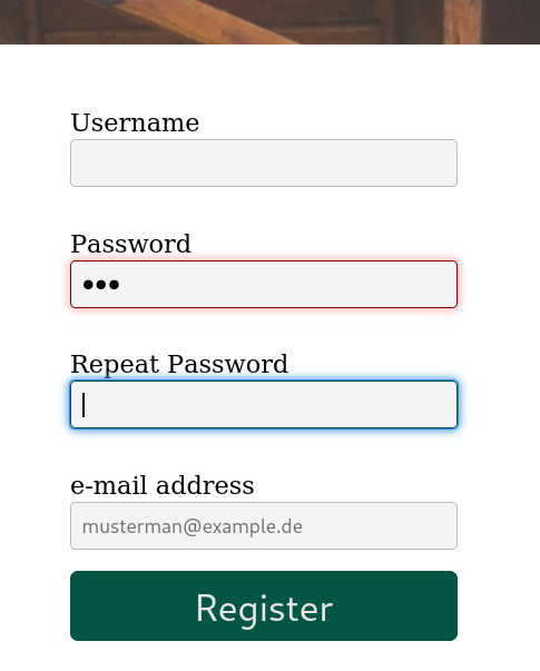 screenshot of the registration form showing 'glow' effect indicating invalid and in focus fields