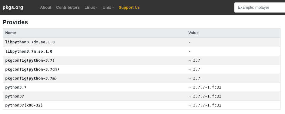 screenshot of the the list of libraries provided with the python37 package from pkgs.org